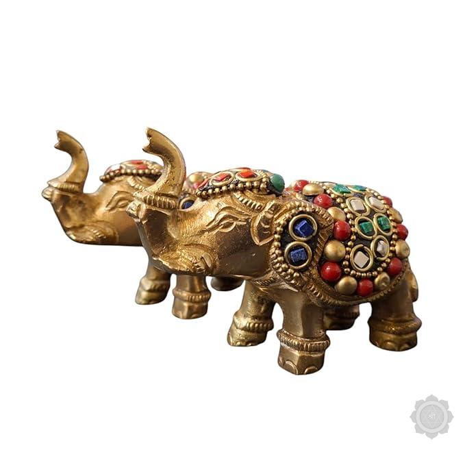 Elephant Pair Brass  Adorned with Gemstones  Ideal for Vastu, Feng Shui and Religious Occasions  Embrace Positivity and Good Luck