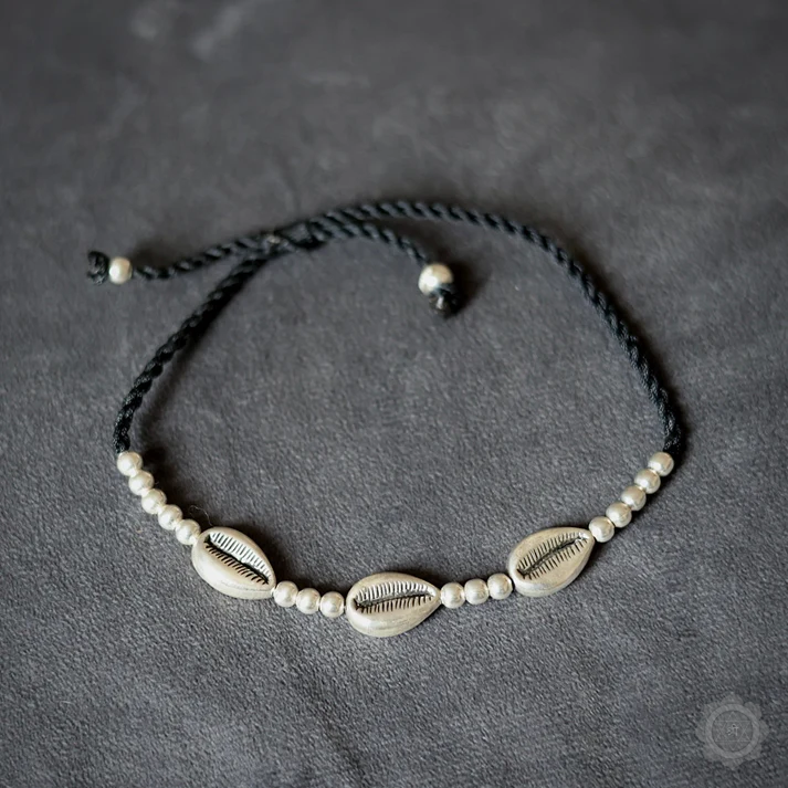 Nazarbattu Anklet Tri-Silver Cowrie Black Thread