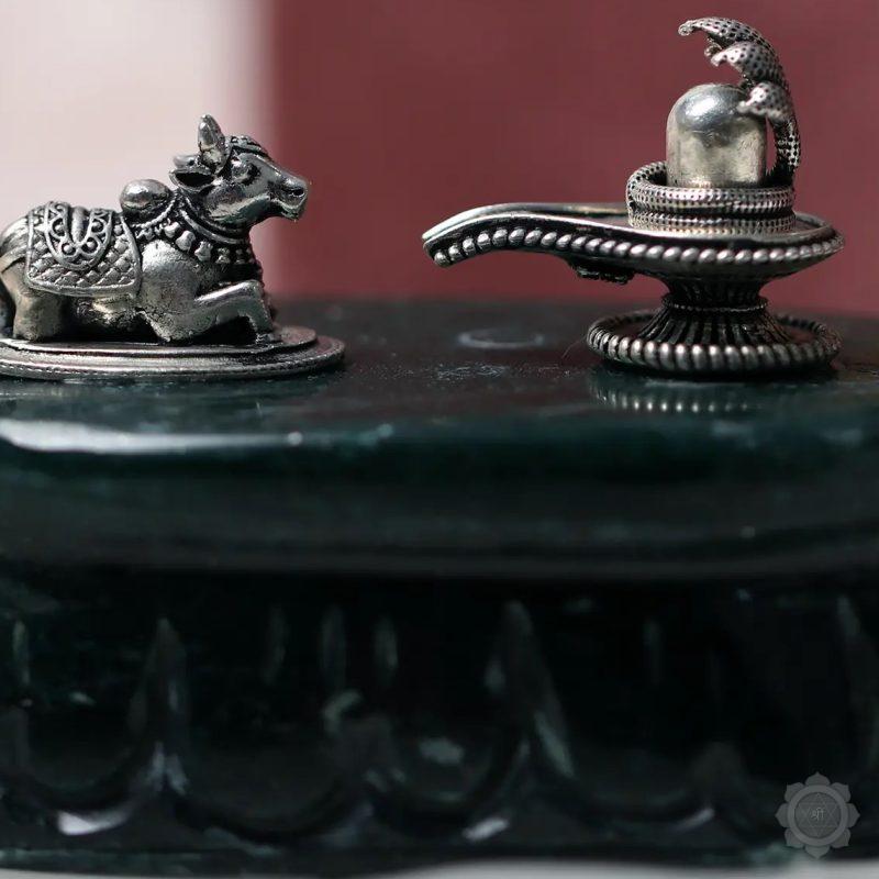 2 Small Silver Shivling with Nandi  Natural Green Aventurine Stone Base
