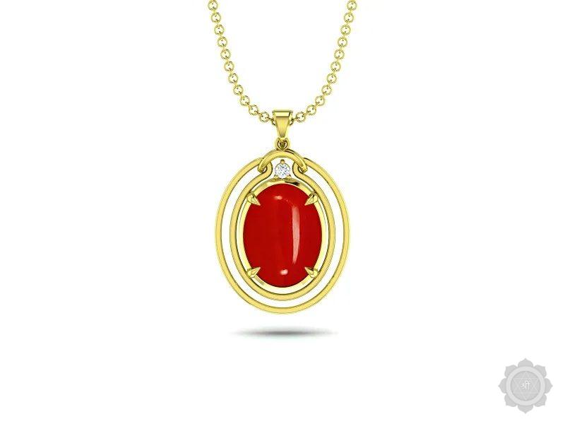 Red Coral (Moonga) Yellow Gold Pendant (DC16)