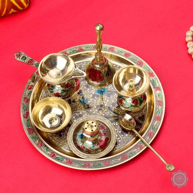 Ravishing 7 Pc Brass Puja Thali Set with Premium Velvet Box