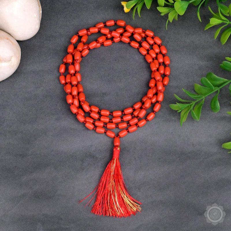Red Coral Moonga Drum Shaped Mala with Knots