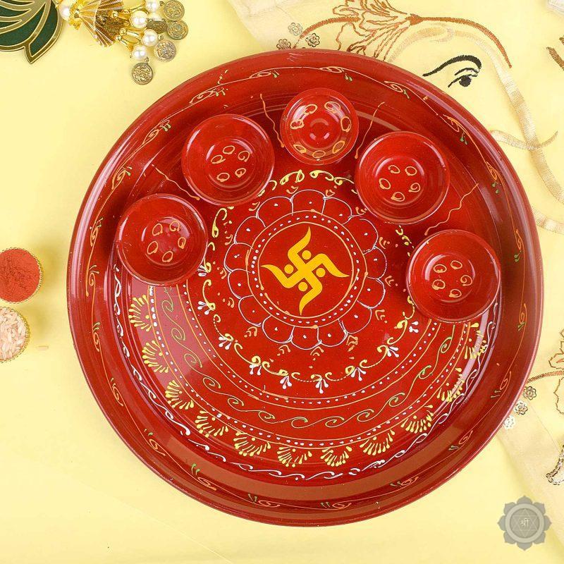 Decorative Red Pooja Steel Aarti Thali Set (Swastik Design)